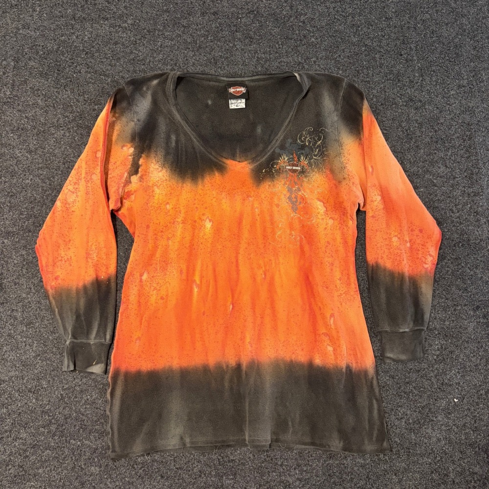 Harley Davidson Womens XL Thermal Shirt Horny Toad Texas Orange Ombre Tie Dye